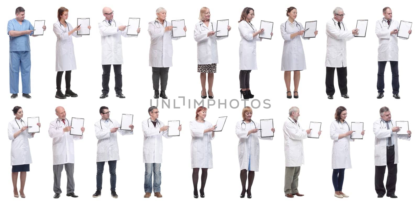 full length group of doctors with notepad isolated on white background