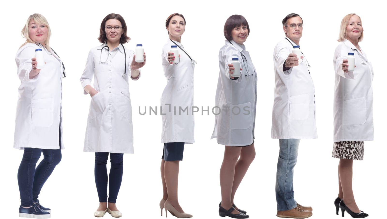 group of doctors holding jar isolated on white background