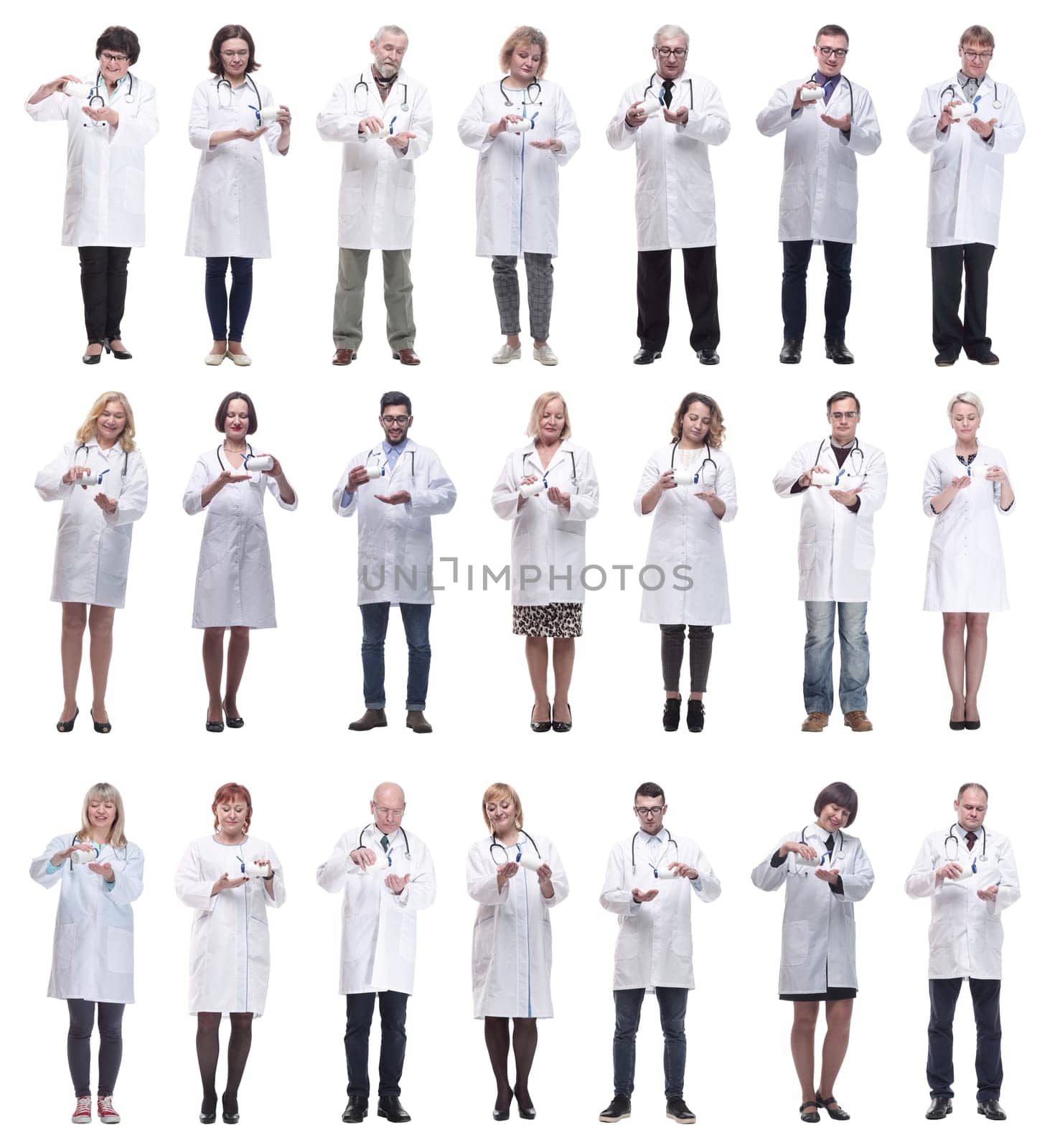 group of doctors holding jar isolated on white background