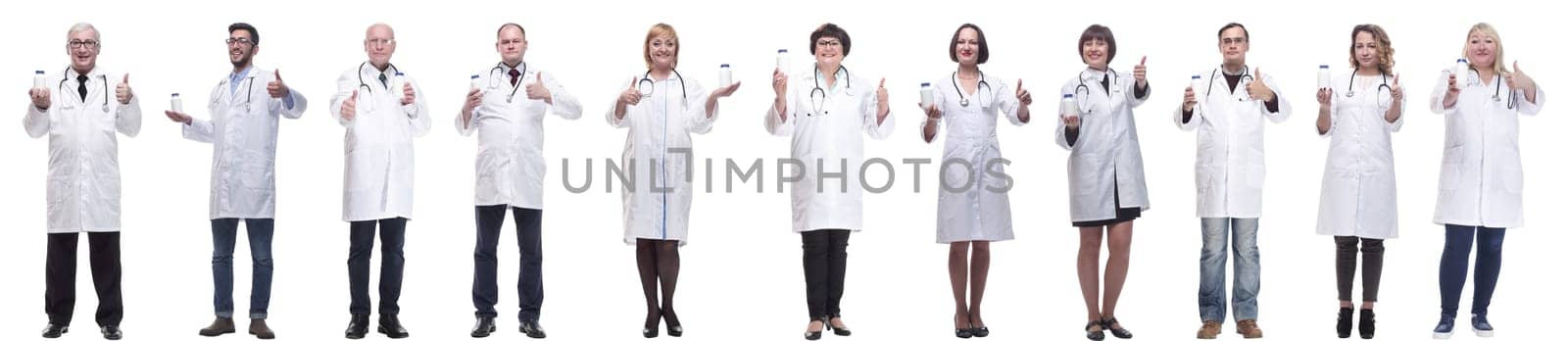 group of doctors holding jar isolated on white background