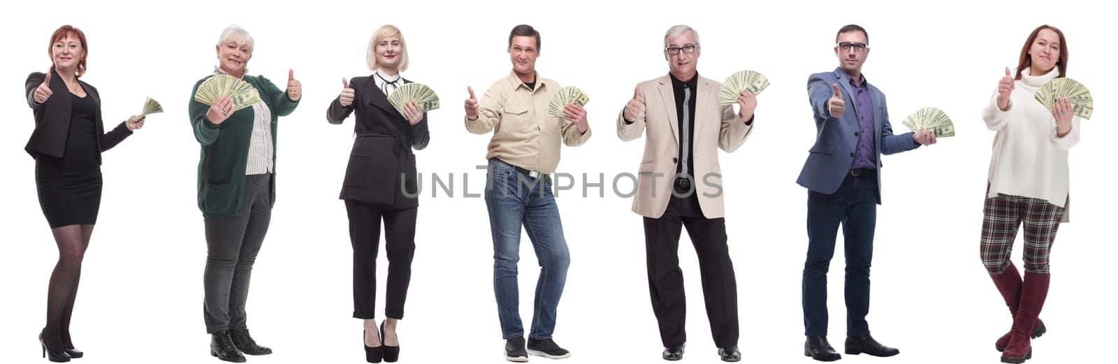 group of successful people with money in their hands on a white background