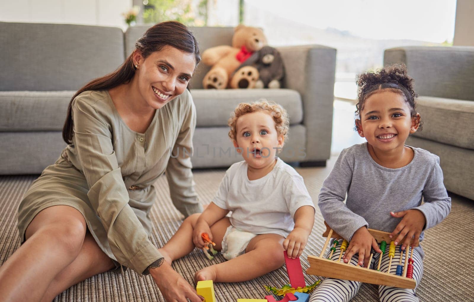 Mother, baby and child on carpet for education, learning and teaching in their living room home with happy portrait. Young mom from Mexico with kids play time, mindset growth development with puzzle.