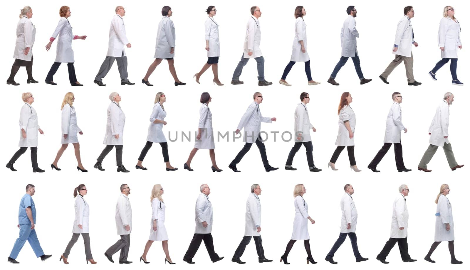 group of doctors in motion isolated on white background
