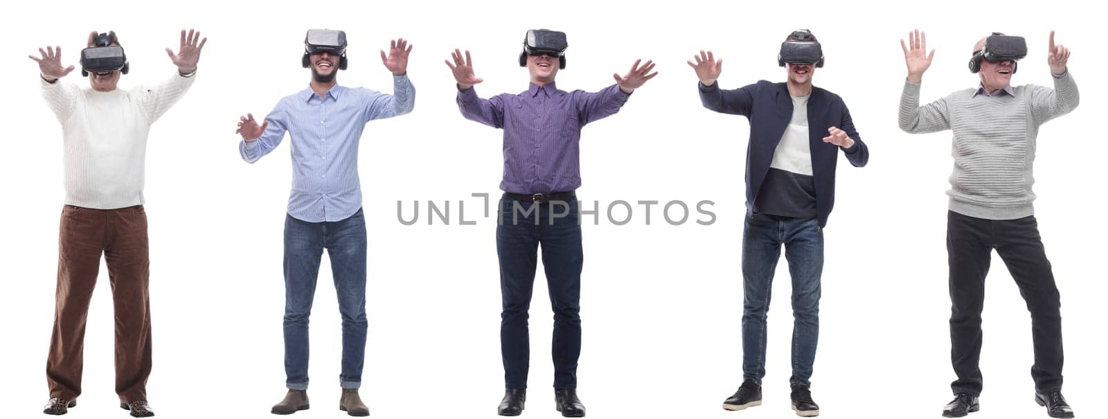 group of people with 3d glasses hands up isolated on white background