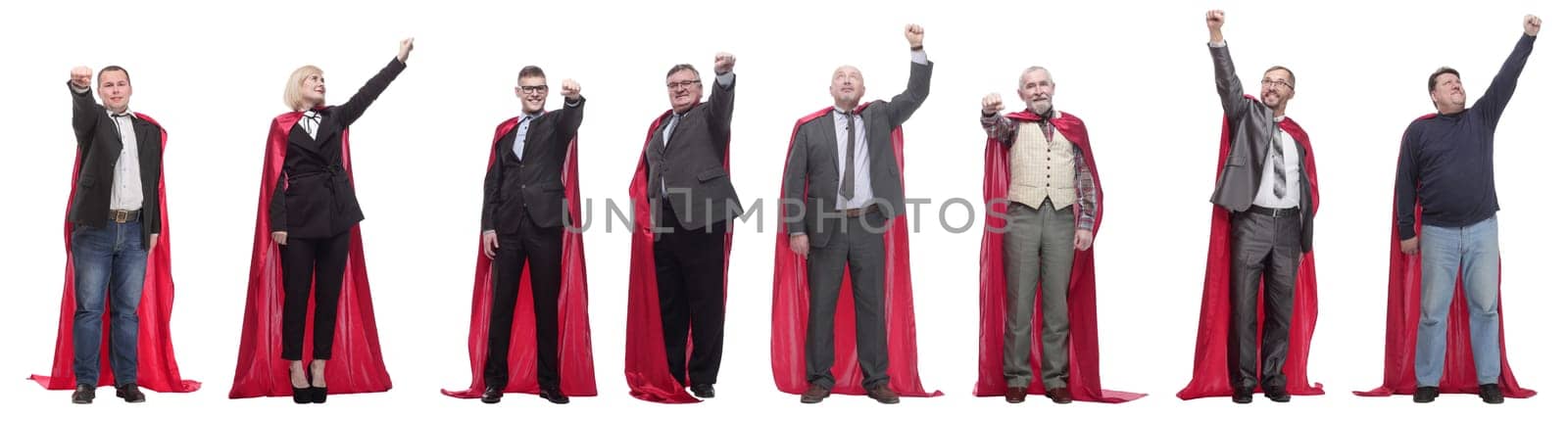 group of people in red raincoat isolated on white background