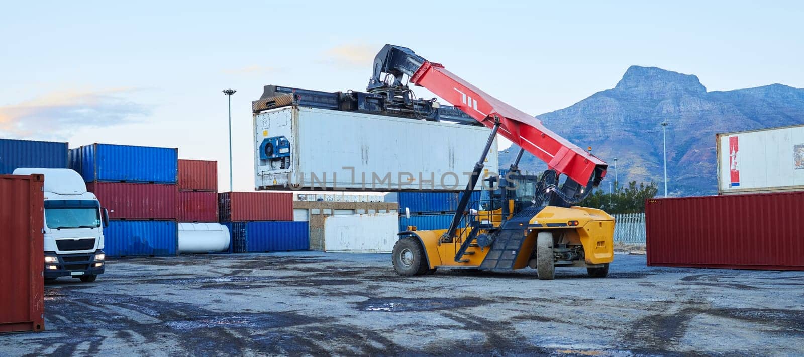 Forklift, shipping logistics and manufacturing container warehouse, cargo industry and industrial factory stock in South Africa. Supply chain production, freight crane and global export distribution.
