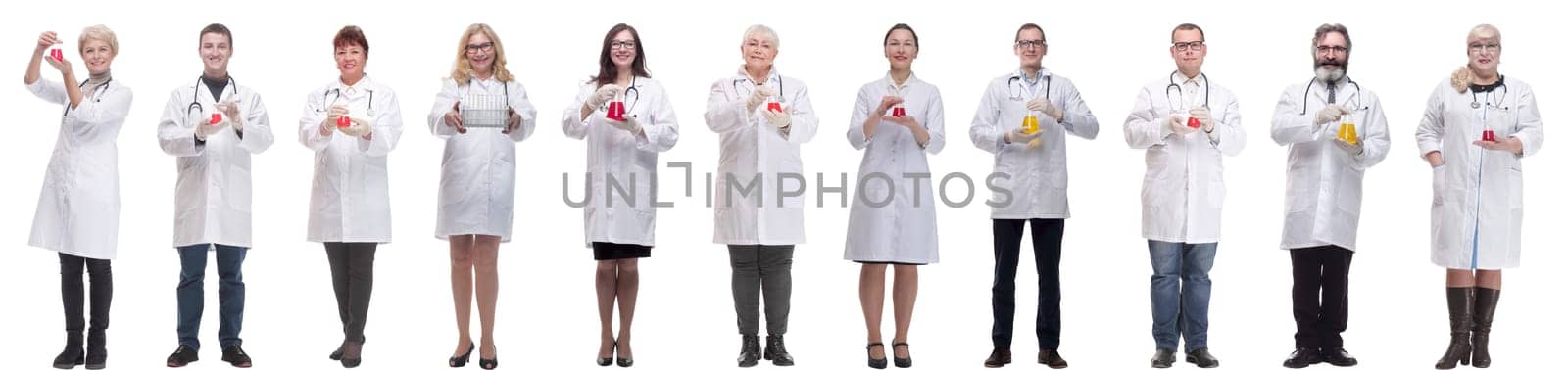 laboratory assistant holding a flask with liquid isolated on white background