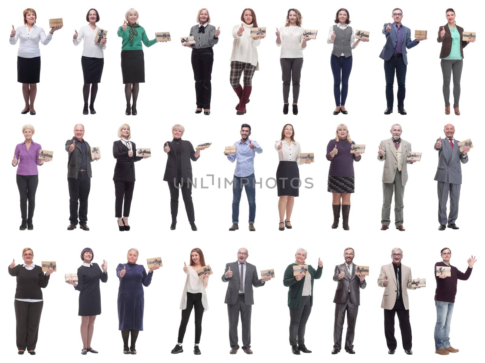 group of happy people with gifts in their hands isolated on white background