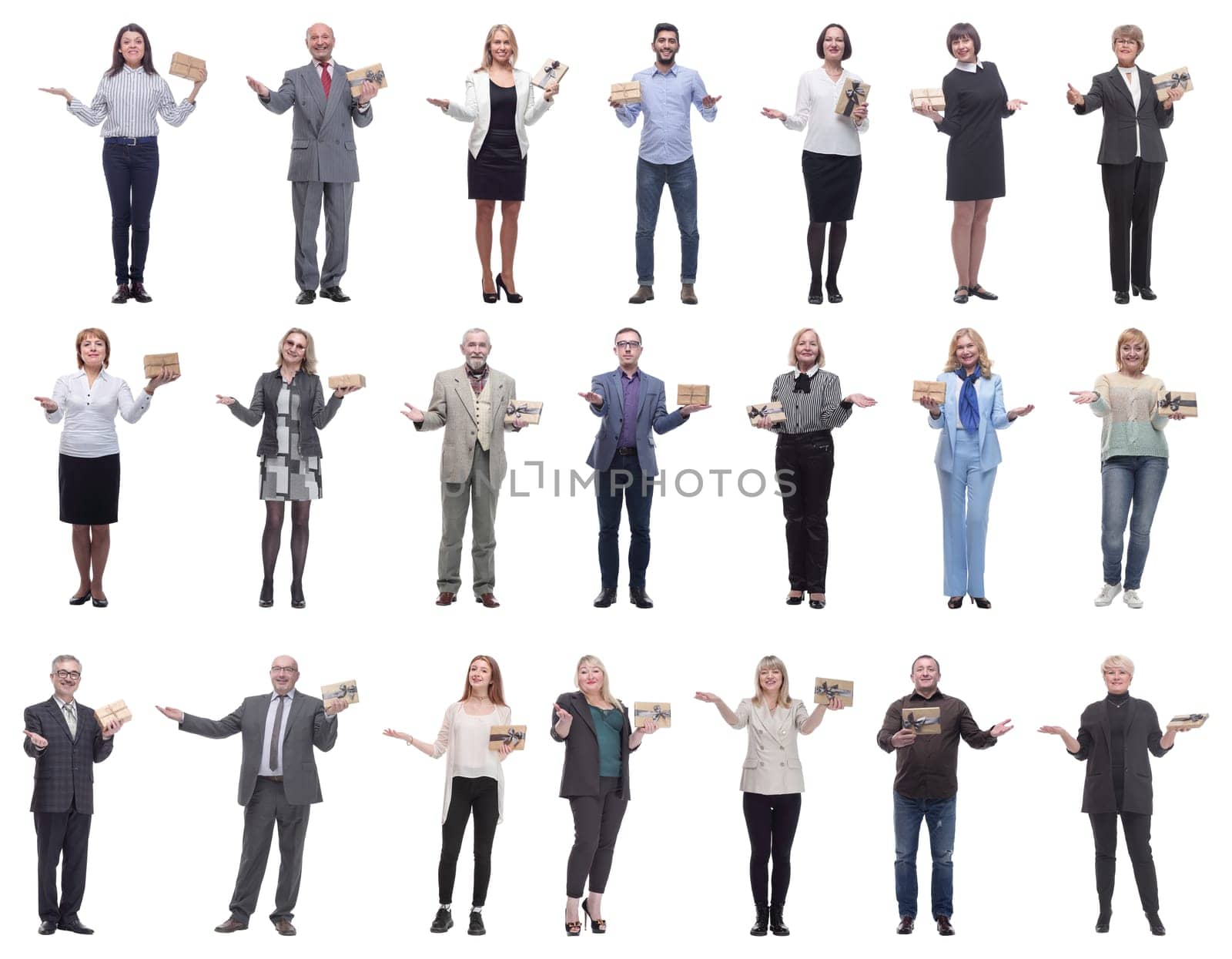 group of happy people with gifts in their hands isolated on white background