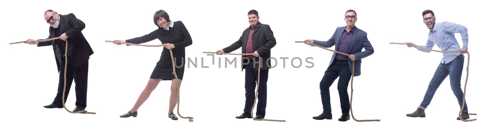 Business people pulling rope isolated on white background