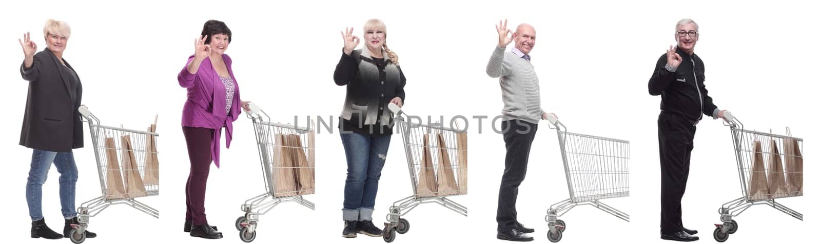 group of people in profile with shopping cart isolated on white background