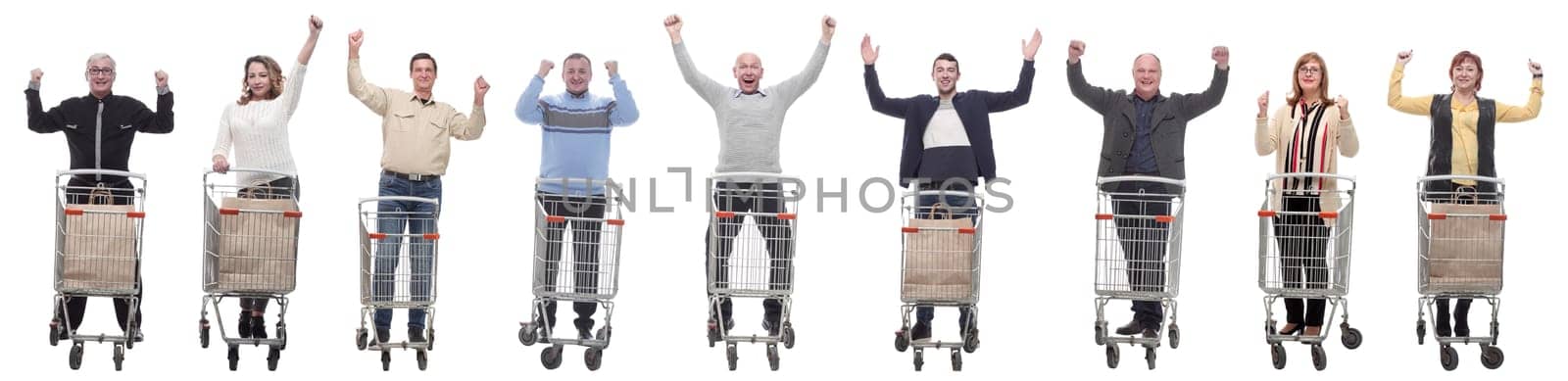 group of people with cart raised their hands up by asdf