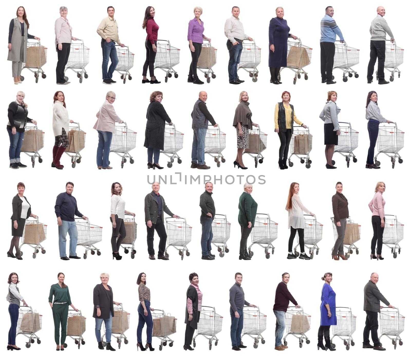 group of people with cart isolated on white background