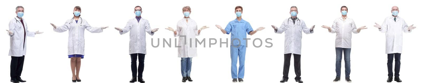 group of doctors in mask isolated on white background