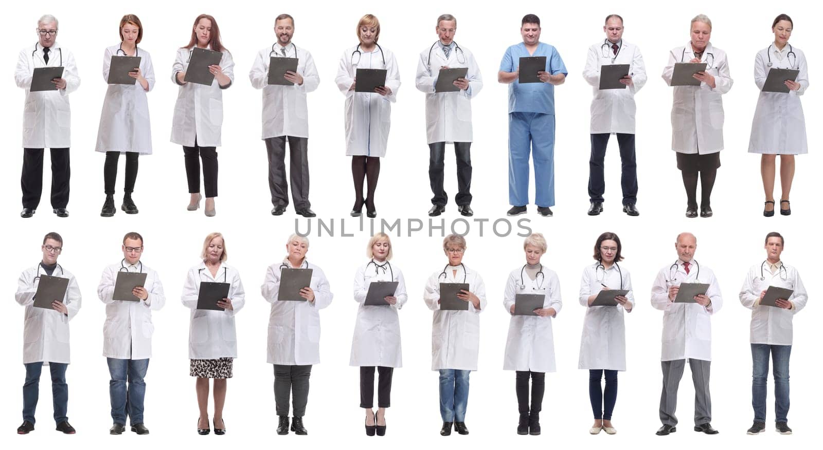full length group of doctors with notepad isolated on white background