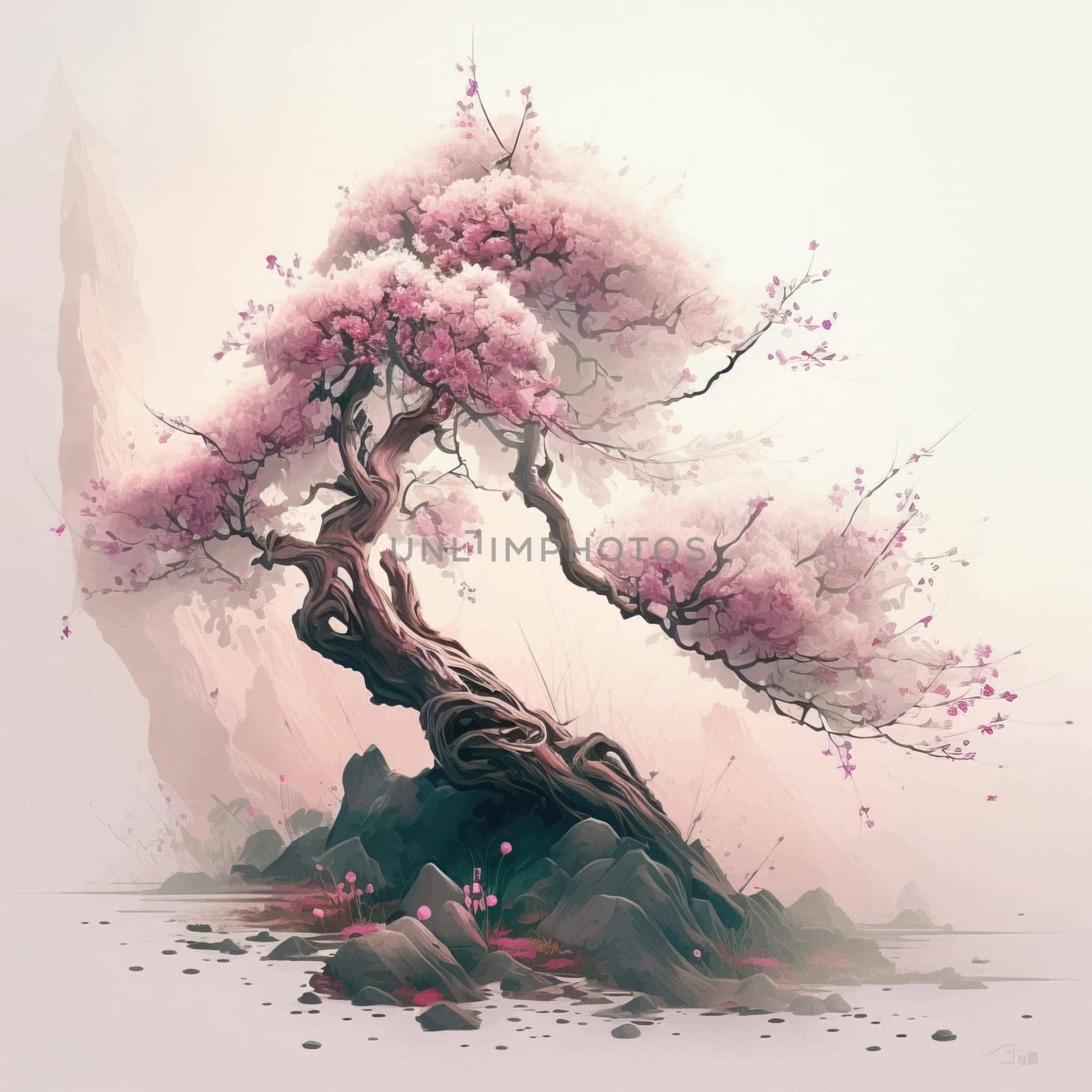 Spring tree nature illustration, blossom Japanese sakura, wooden trunk, pink crown. Summer season park cartoon floral. Bloom sakura, cherry tree garden environment. download image