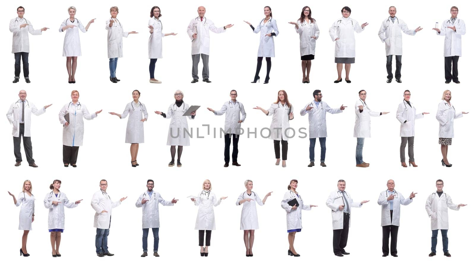group of doctors in full length isolated on white background