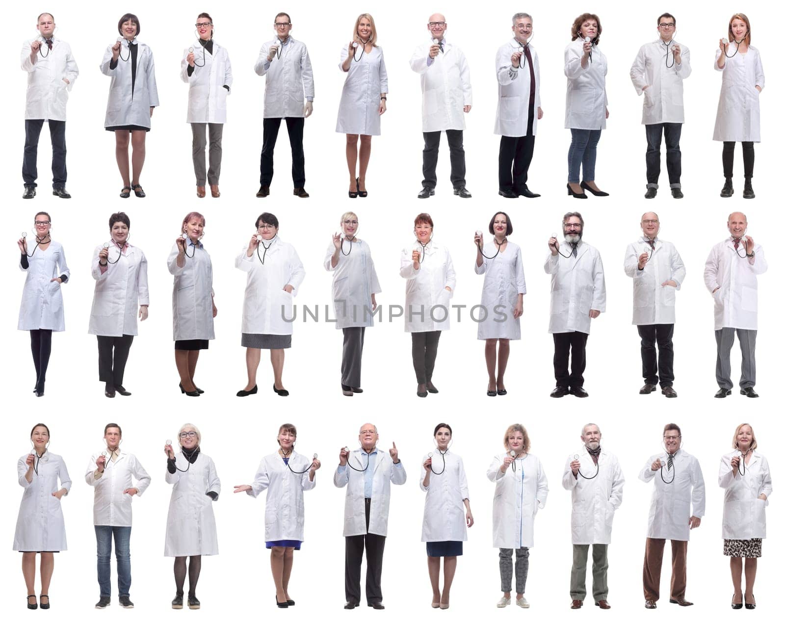group of doctors holding stethoscope isolated on white background