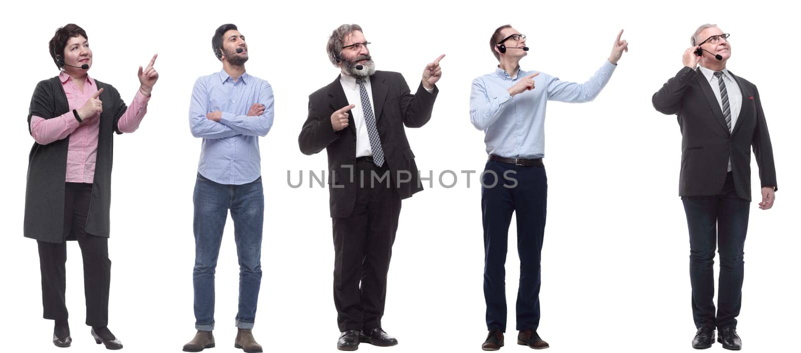group of business people with microphone isolated on white background