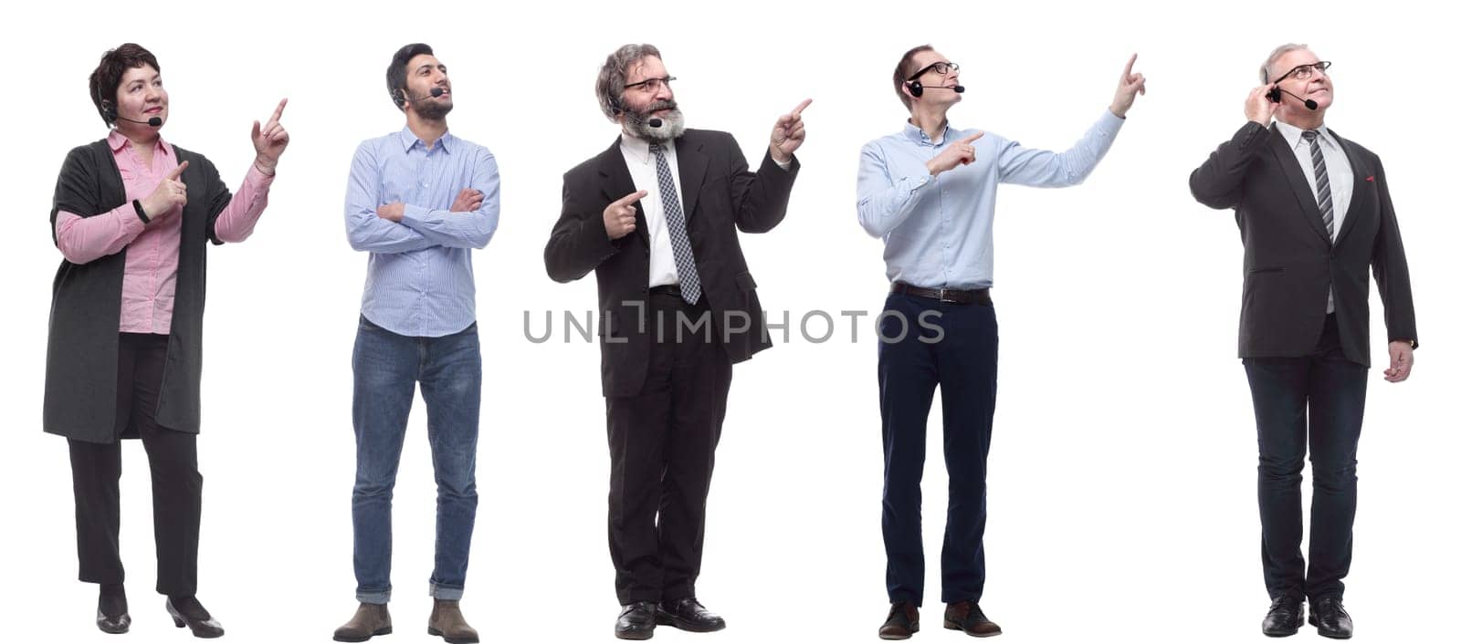 group of business people with microphone isolated on white background