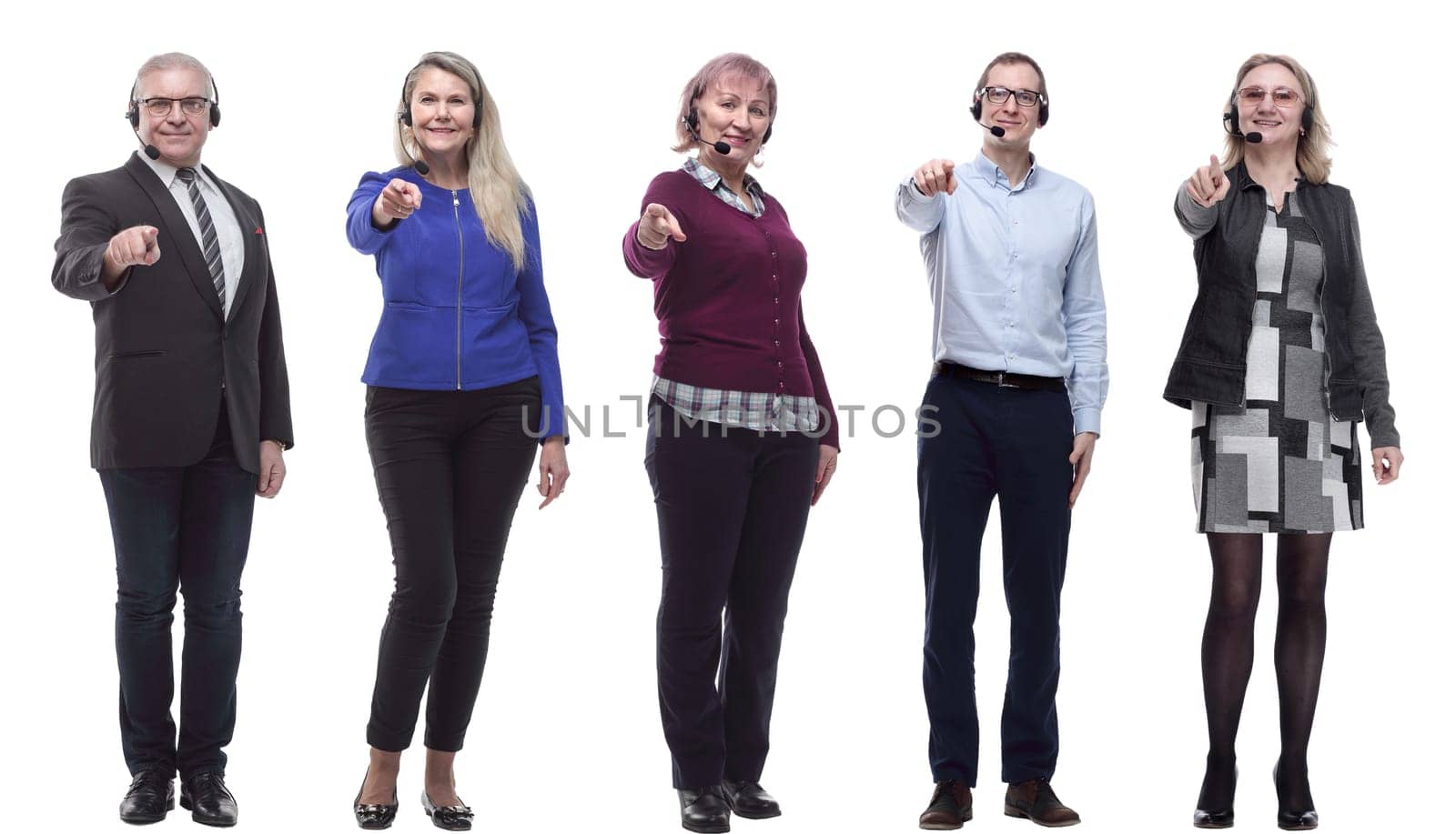group of business people with microphone isolated on white background