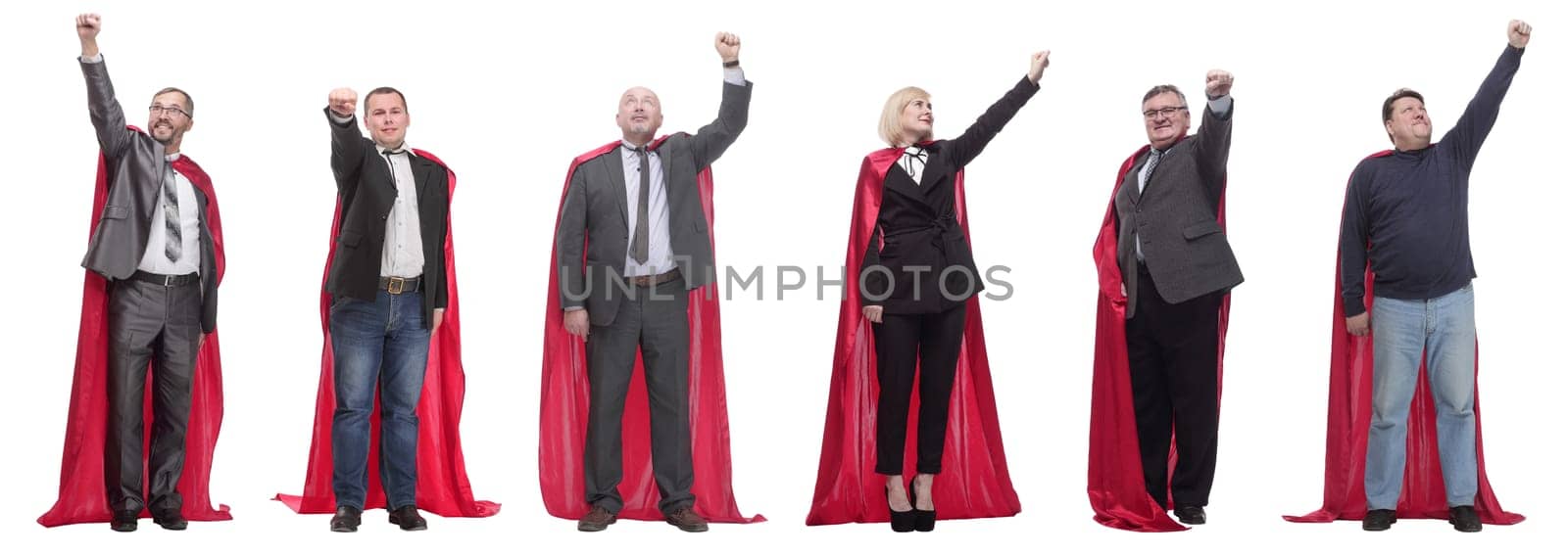 group of people in red raincoat isolated on white background