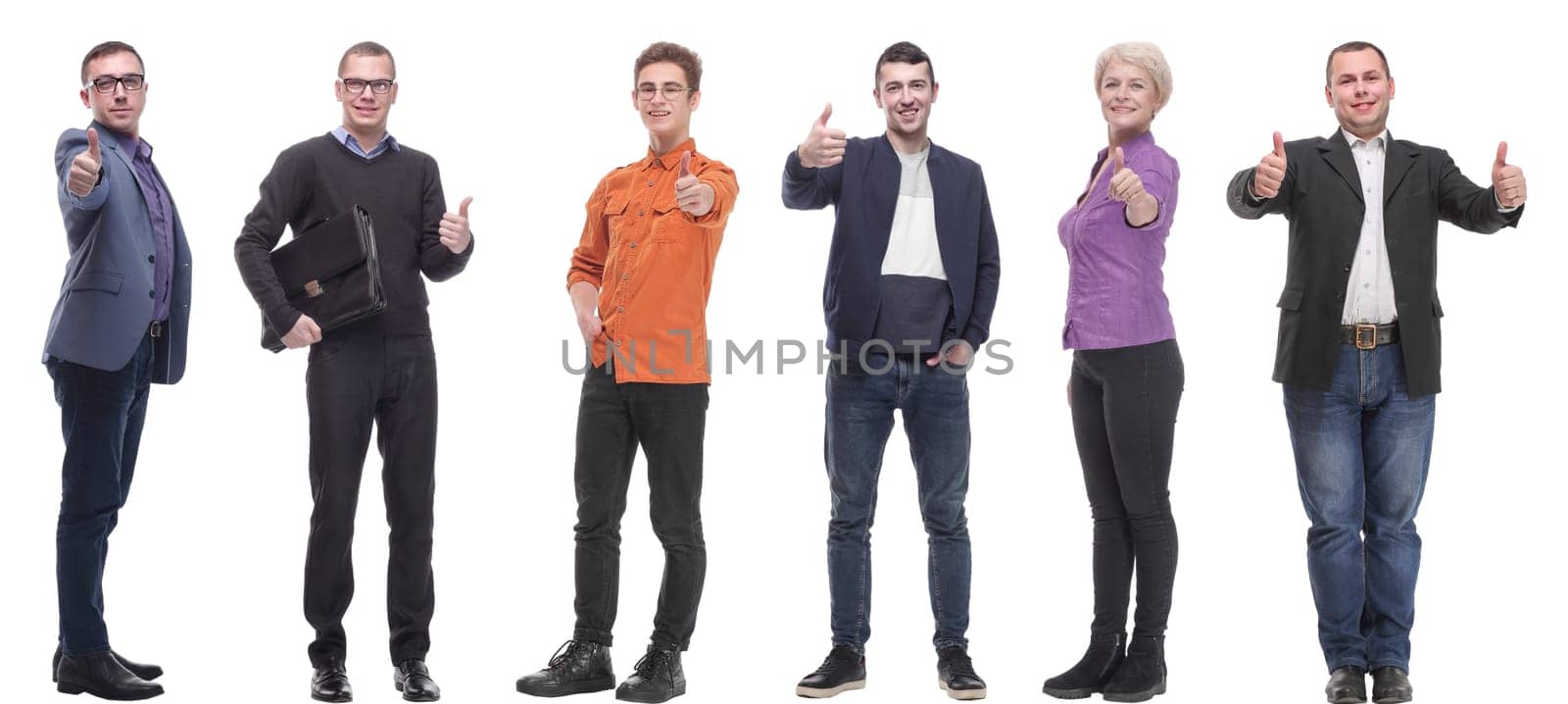 group of business people holding thumb up isolated on white background
