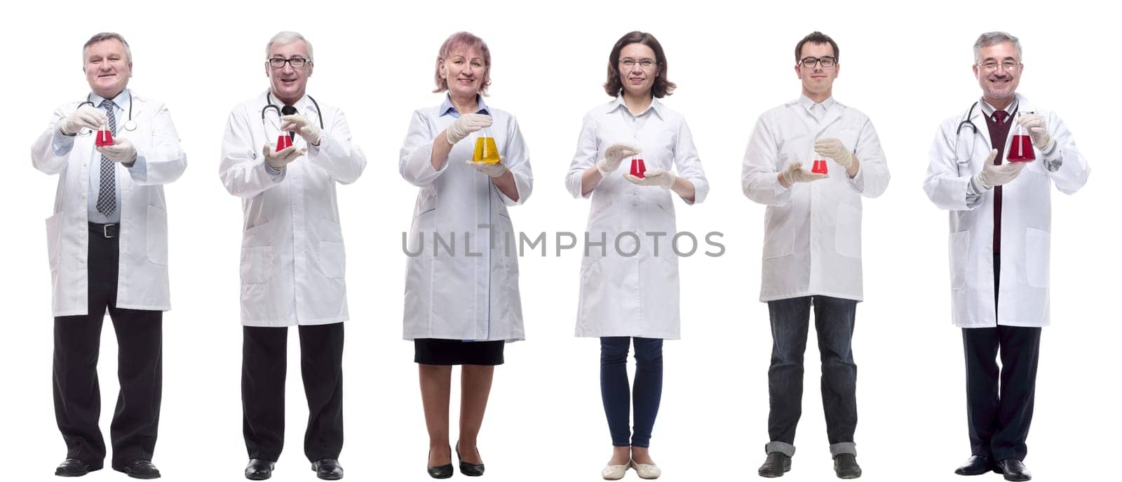 laboratory assistant holding a flask with liquid isolated on white background