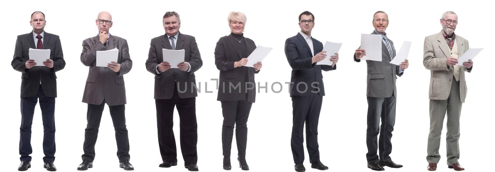 collage of people holding a4 sheet in hands isolated on white background