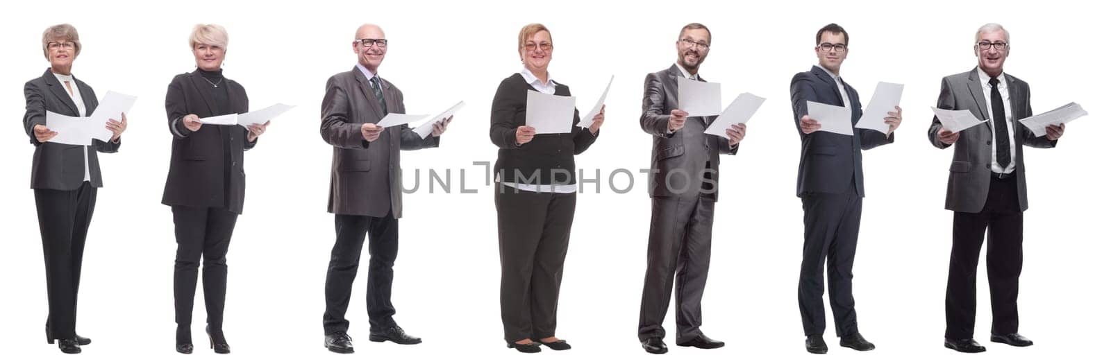collage of people holding a4 sheet in hands isolated on white background