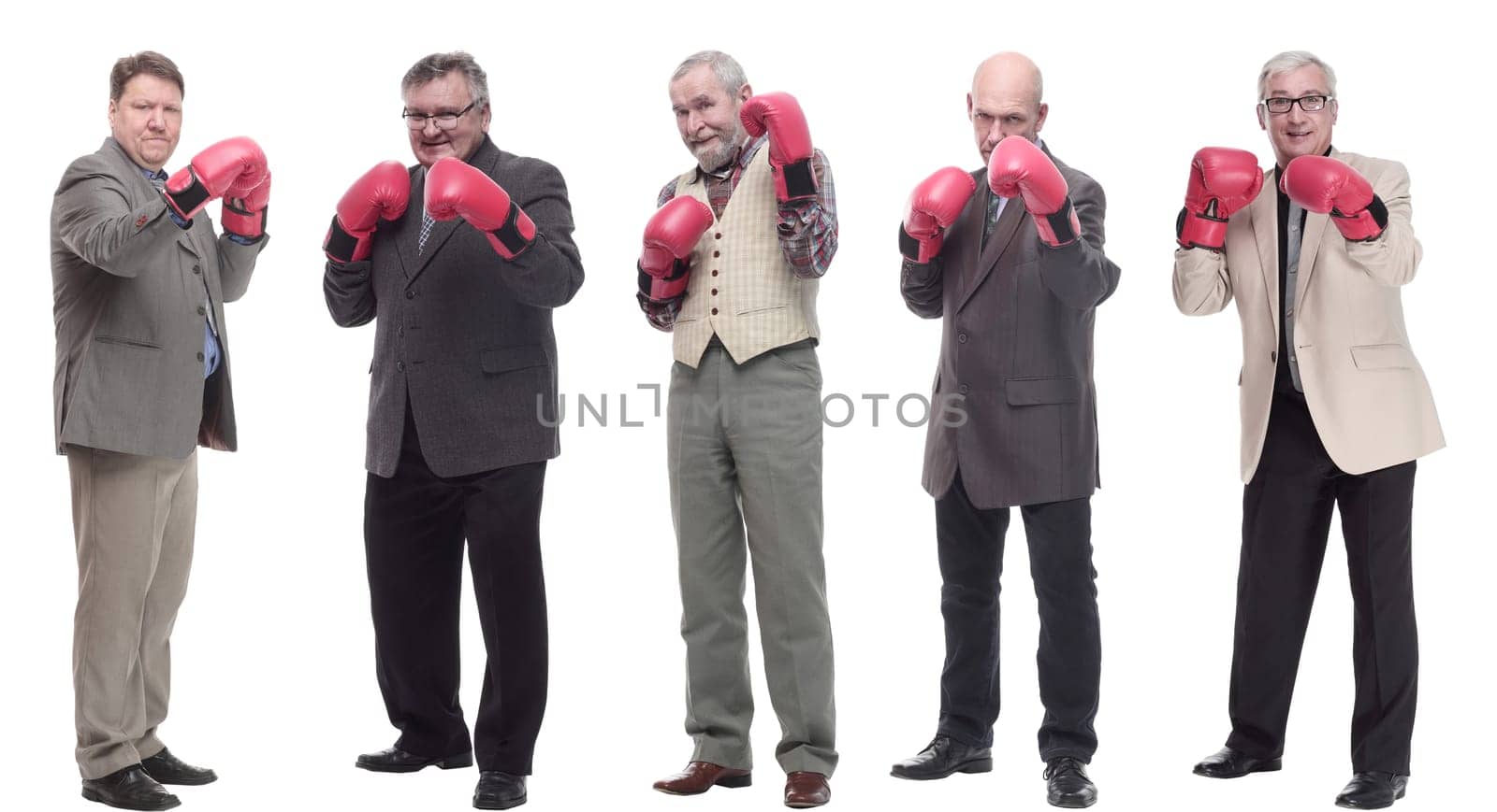 collage of businessmen in boxing gloves isolated on white background