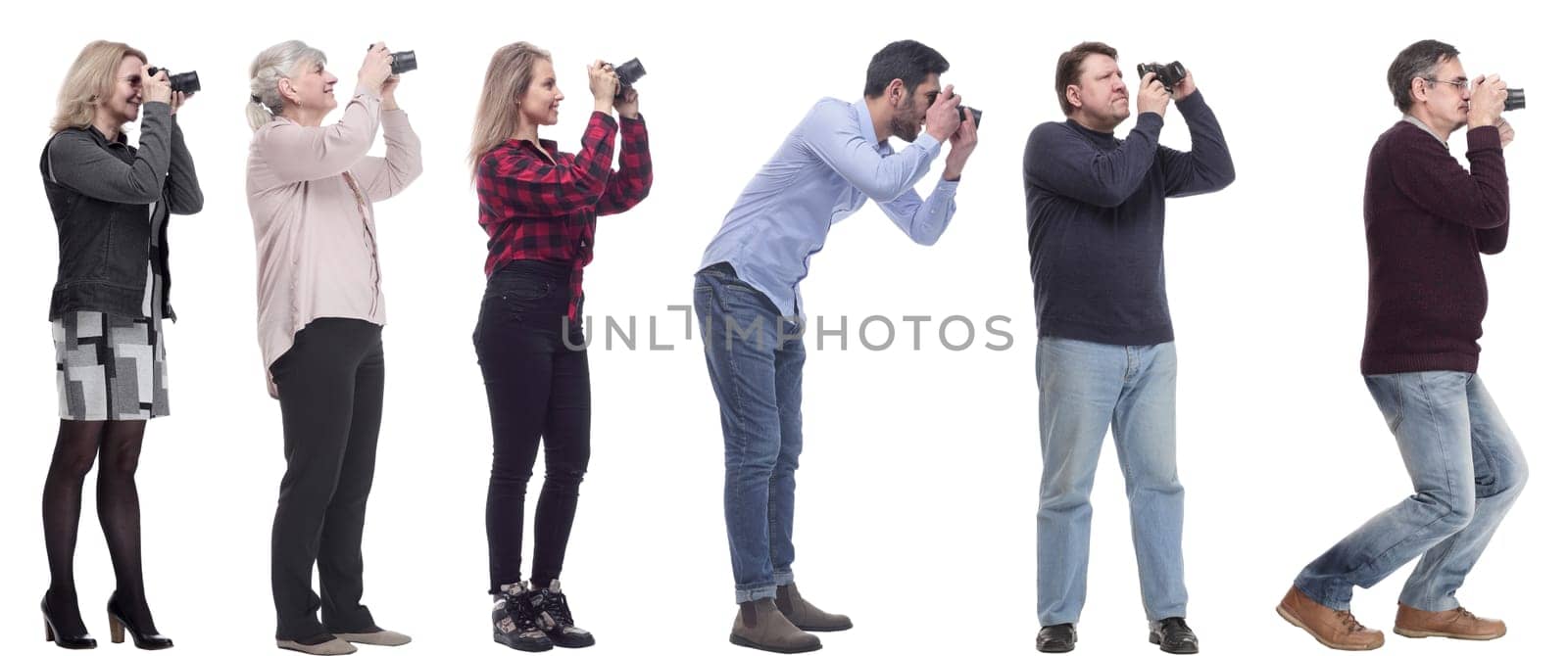 collage of group of photographers in profile isolated on white background