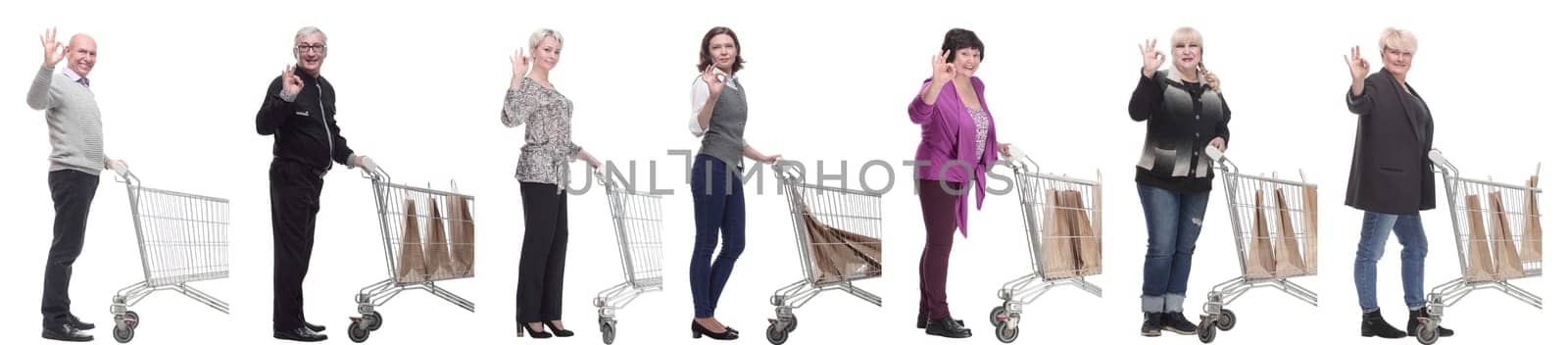 group of people in profile with shopping cart isolated on white background