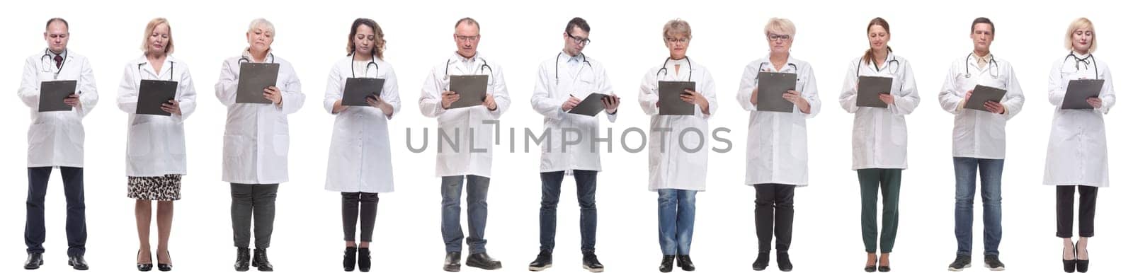 full length group of doctors with notepad isolated on white background