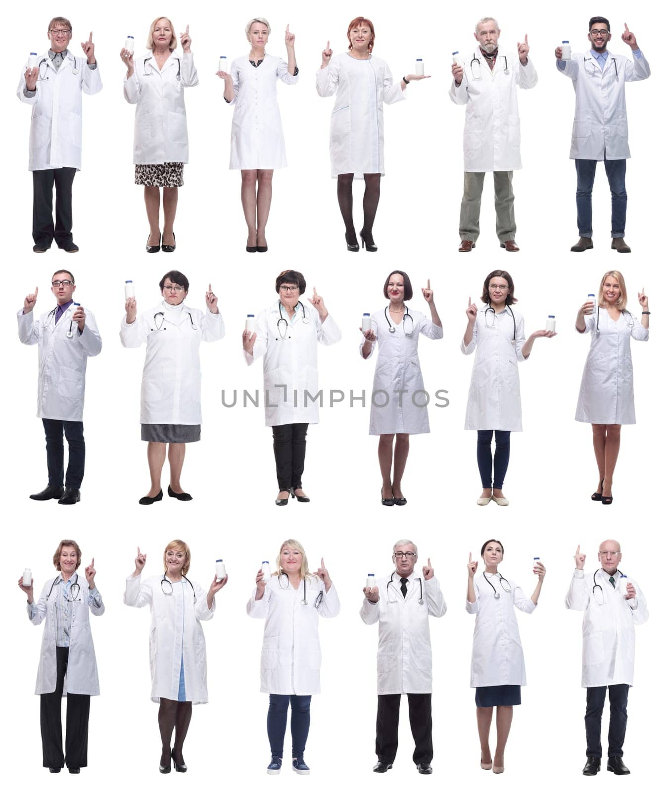 group of doctors holding jar isolated on white background