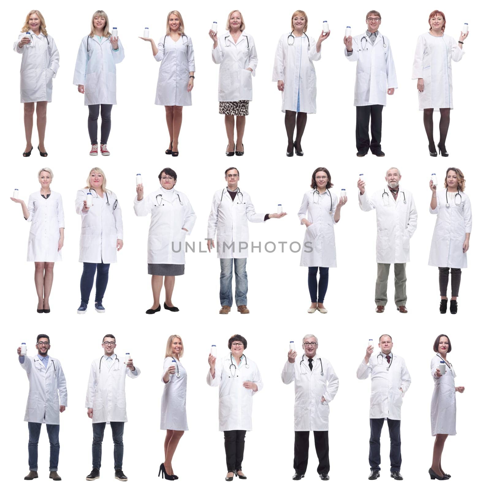 group of doctors holding jar isolated on white background