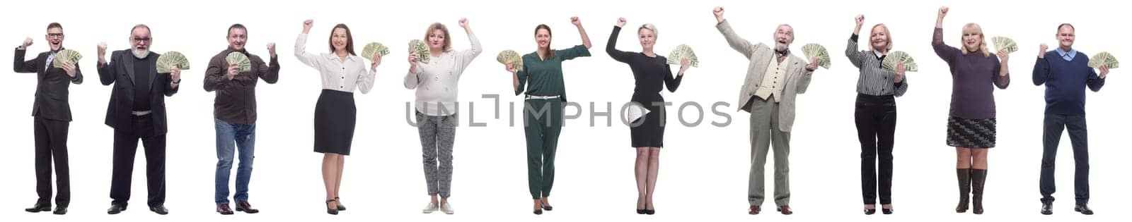 group of successful business people with money isolated on white background