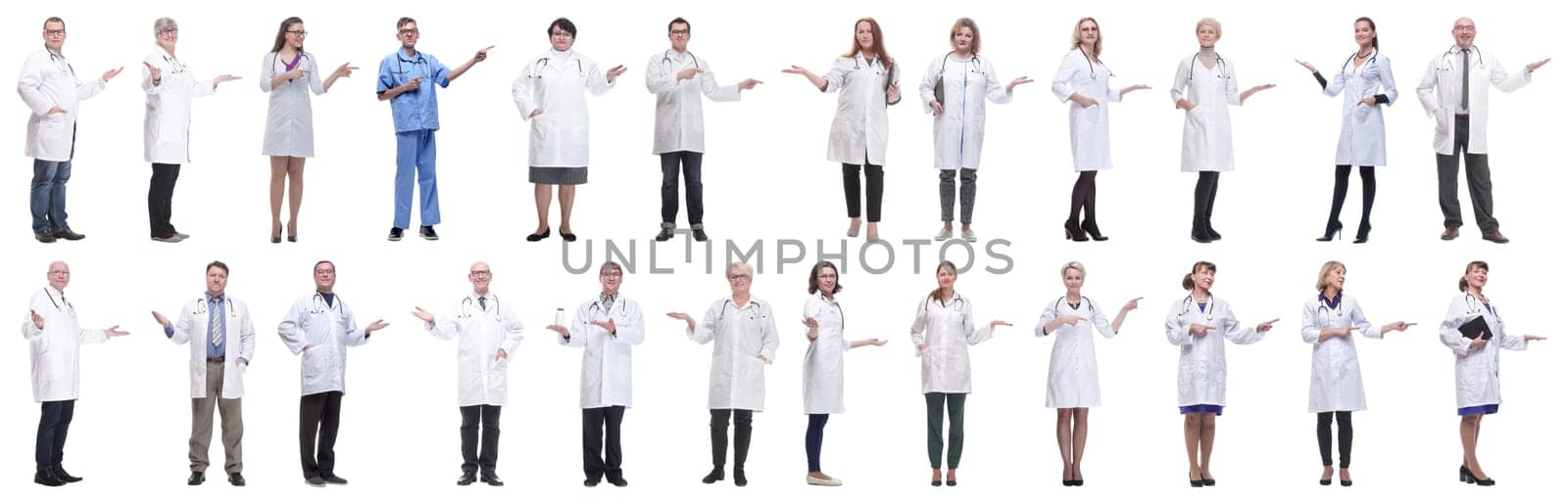 group of doctors in full length isolated on white background