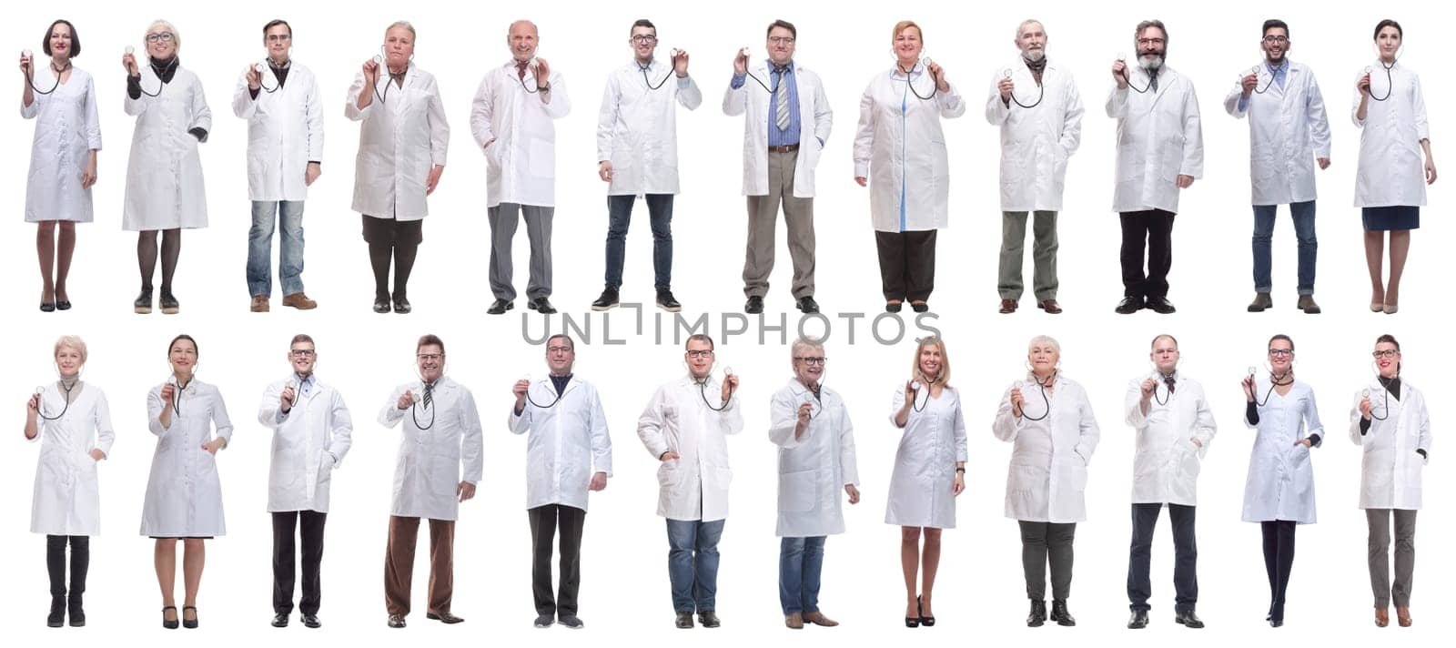 group of doctors holding stethoscope isolated on white background