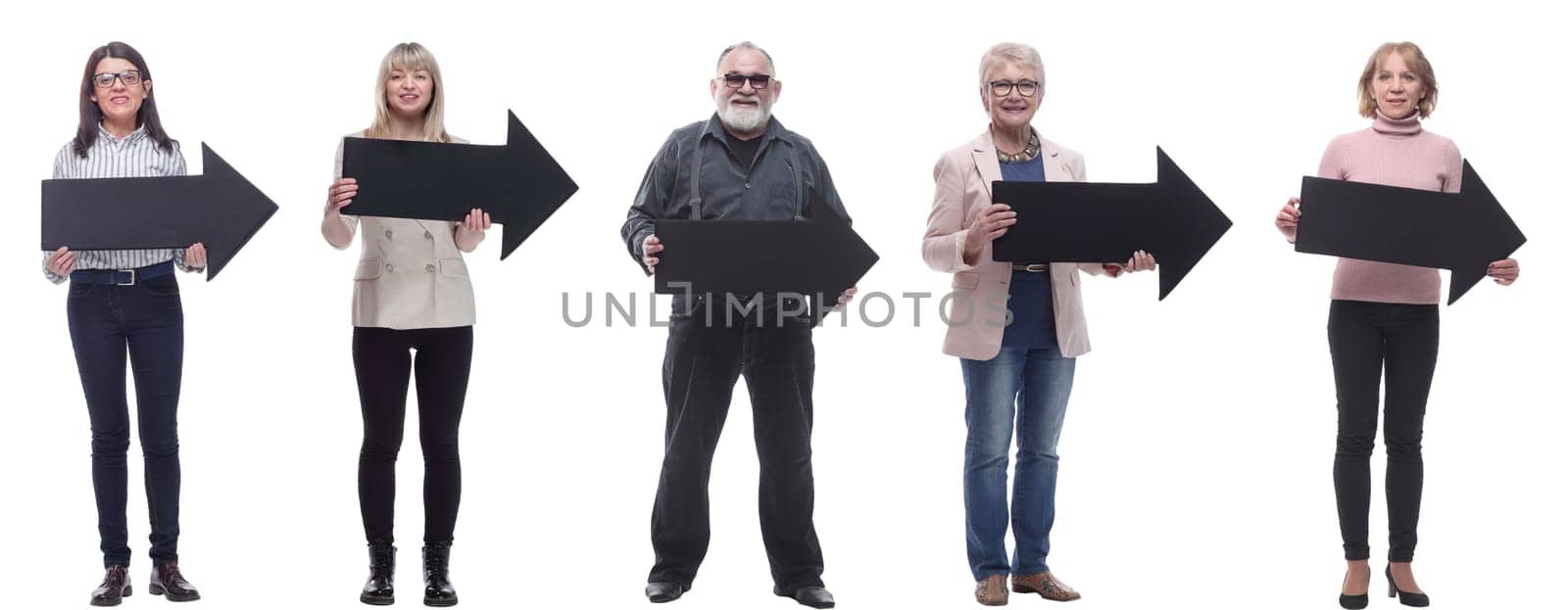 group of successful business people with black arrow isolated on white background