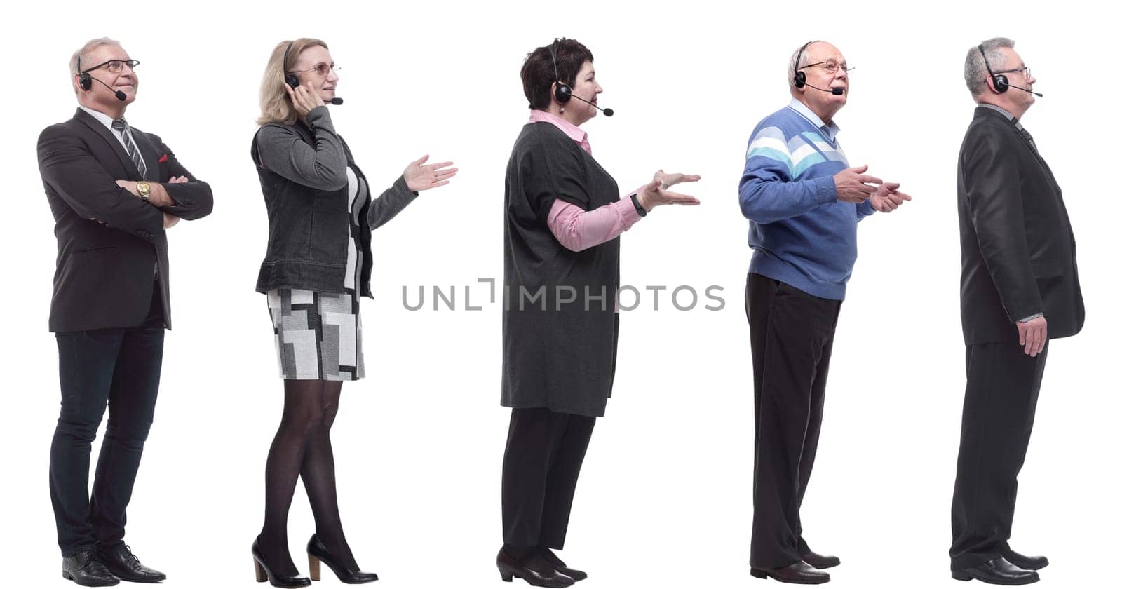 group of business people with microphone isolated on white background