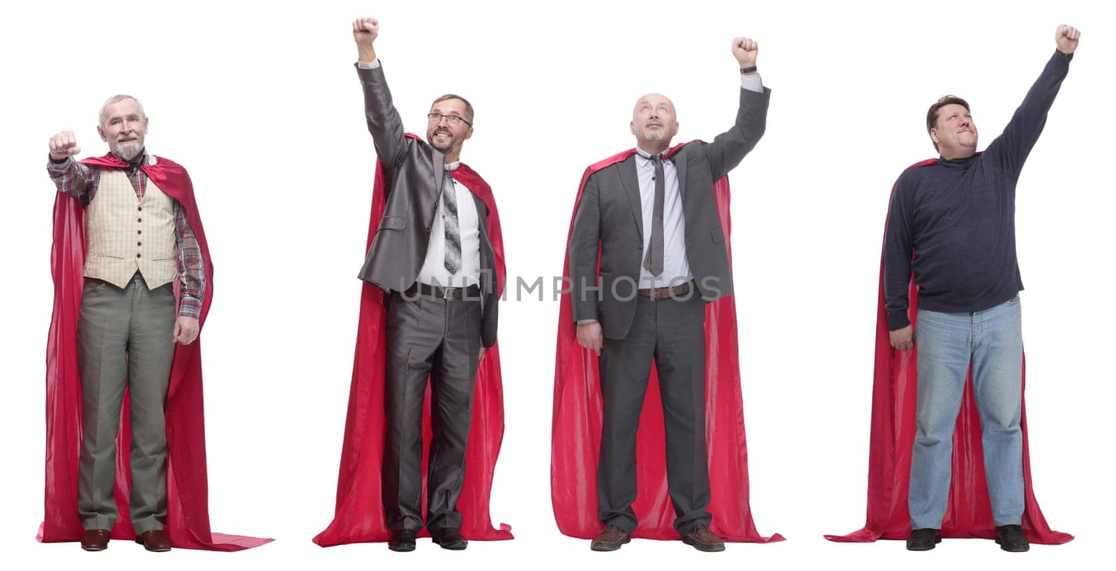 group of people in red raincoat isolated on white background
