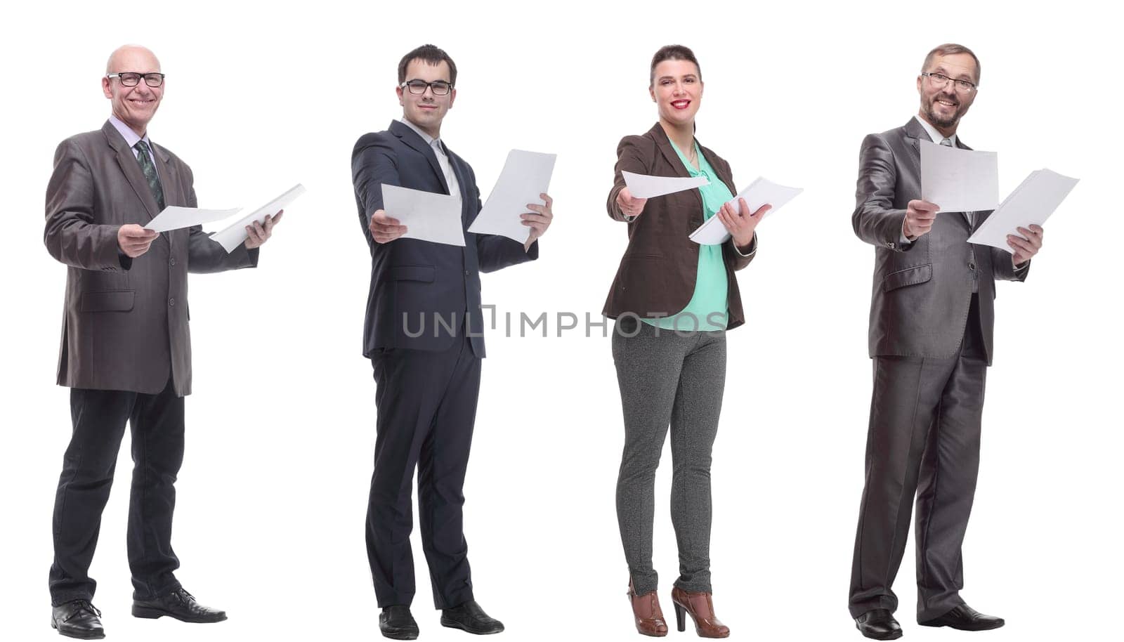 collage of people holding a4 sheet in hands isolated on white background