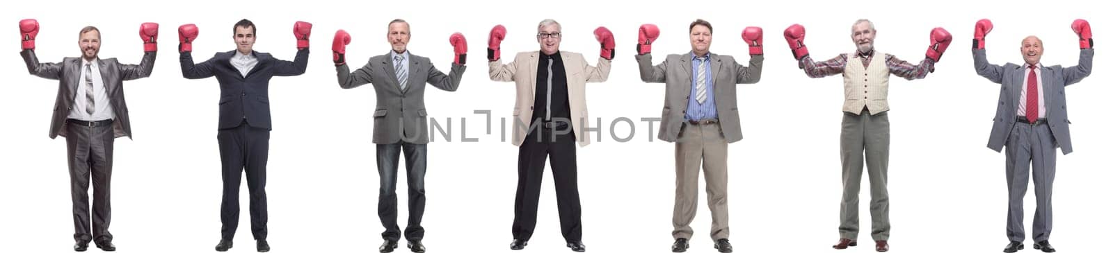collage of businessmen in boxing gloves isolated on white background