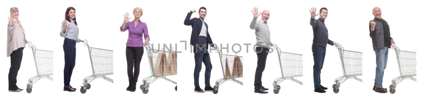 group of people with cart isolated on white background