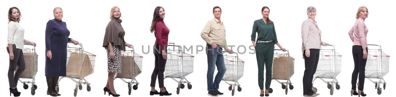 group of people with cart isolated on white background