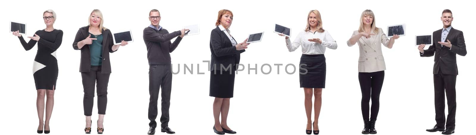 group of people demonstrating tablet isolated on white background