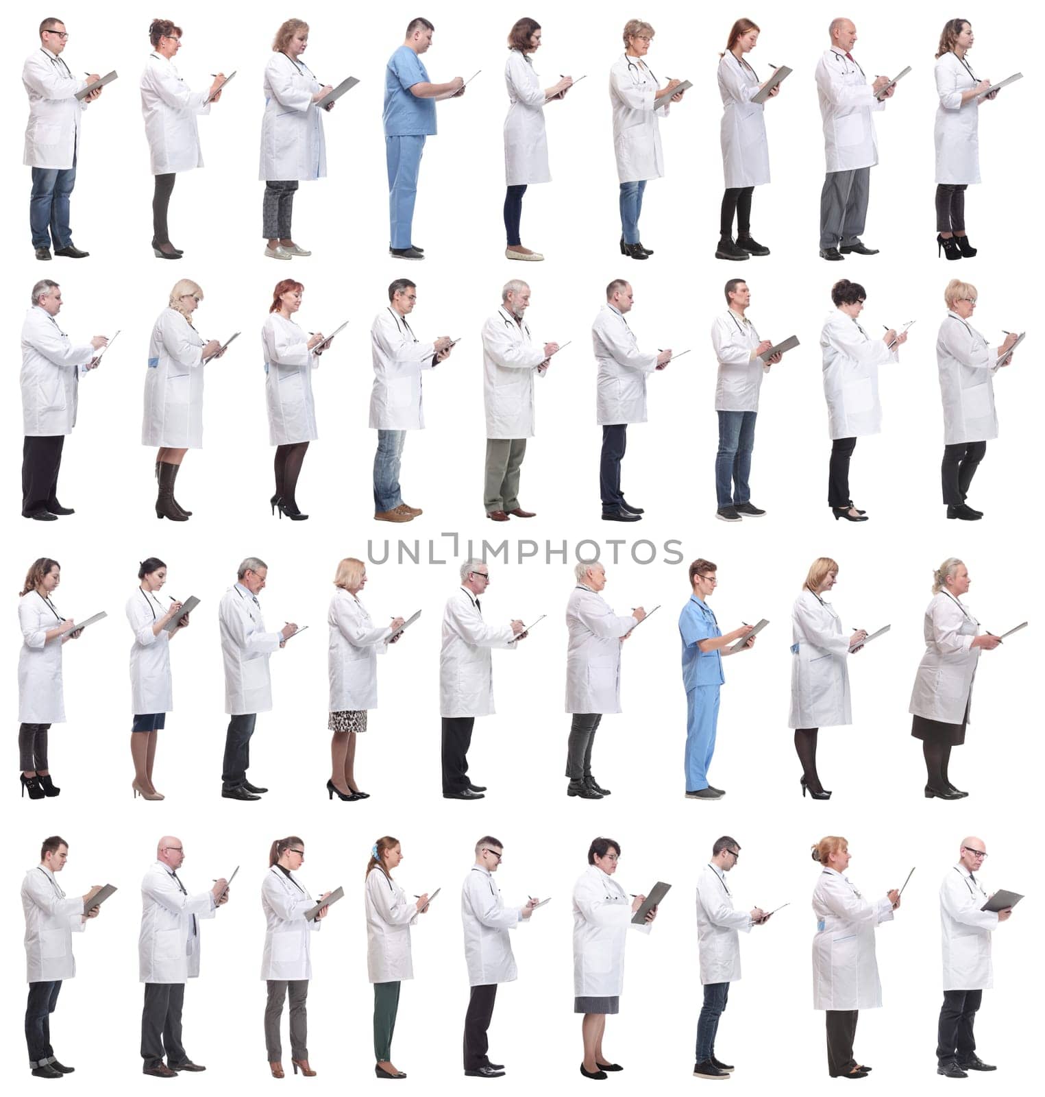 full length group of doctors with notepad isolated on white background