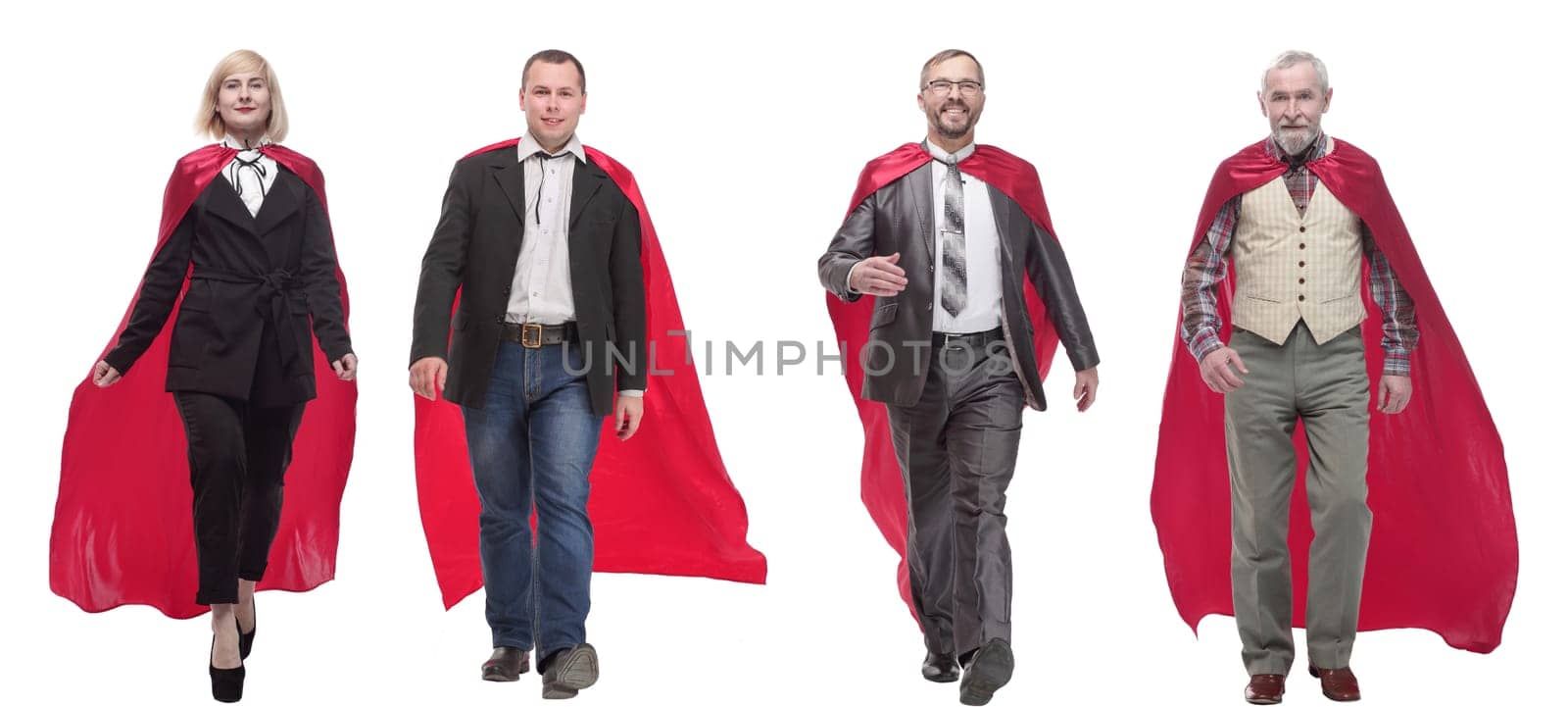 group of people in red raincoat isolated on white background