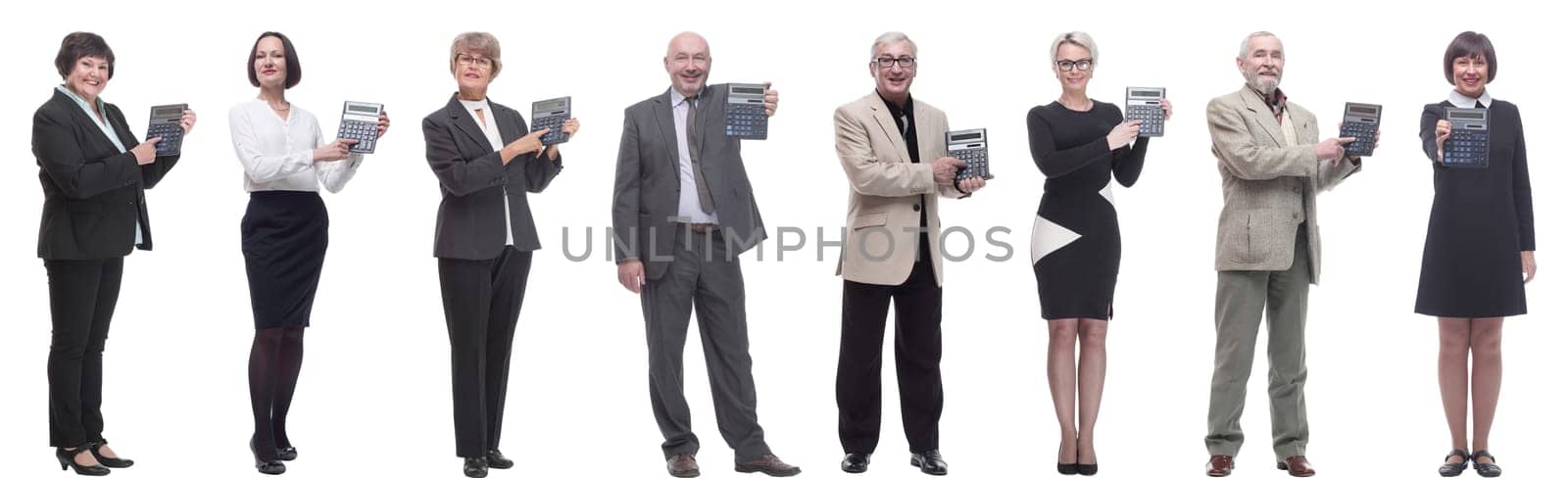 collage of people demonstrate calculator in hand isolated on white background